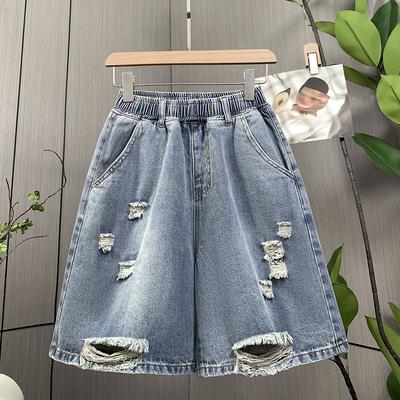 DIMANAF Taglie Forti 2025 Estate Pantaloncini Jeans Corti da Donna Elasticizzati Larghi Vita Alta Buco Pantaloni Basic