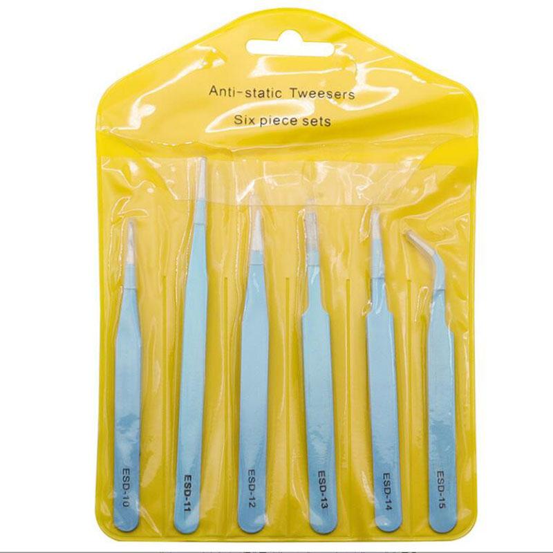 Stainless Steel ESD Multi-colored Tweezers Set, 6 Non-magnetic Precision Tweezers with Straight, Elbow, Flat and Pointed Tips