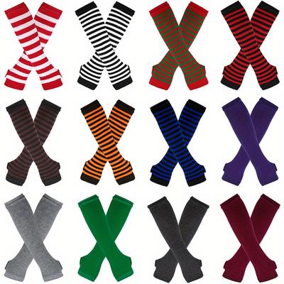 Long Glove Arm Cover Classic Pink Black and White Striped Fingerless Elbow Gloves Warmer Knitted Wristband