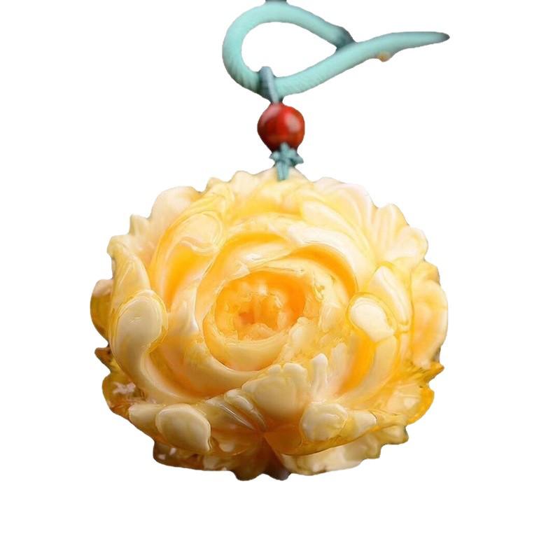 Women's White Flower Amber Pendant: Second Gen Peony, Rose & Beeswax Design In Yellow