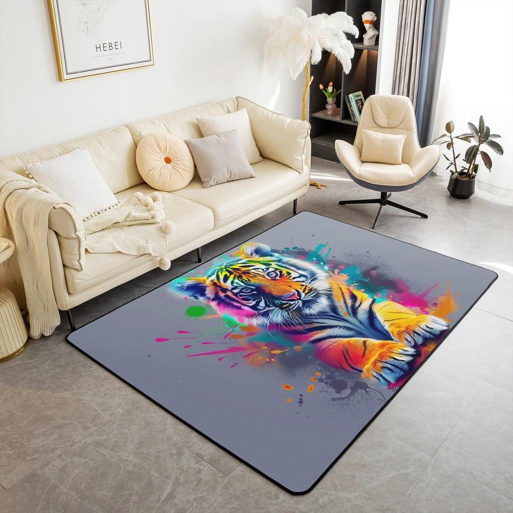 Japanese Ukiyo-e Tiger & Ocean Wave Print Area Rug, Bold Non-Slip Floor Mat for Living Room Bedroom Home Decor Carpet