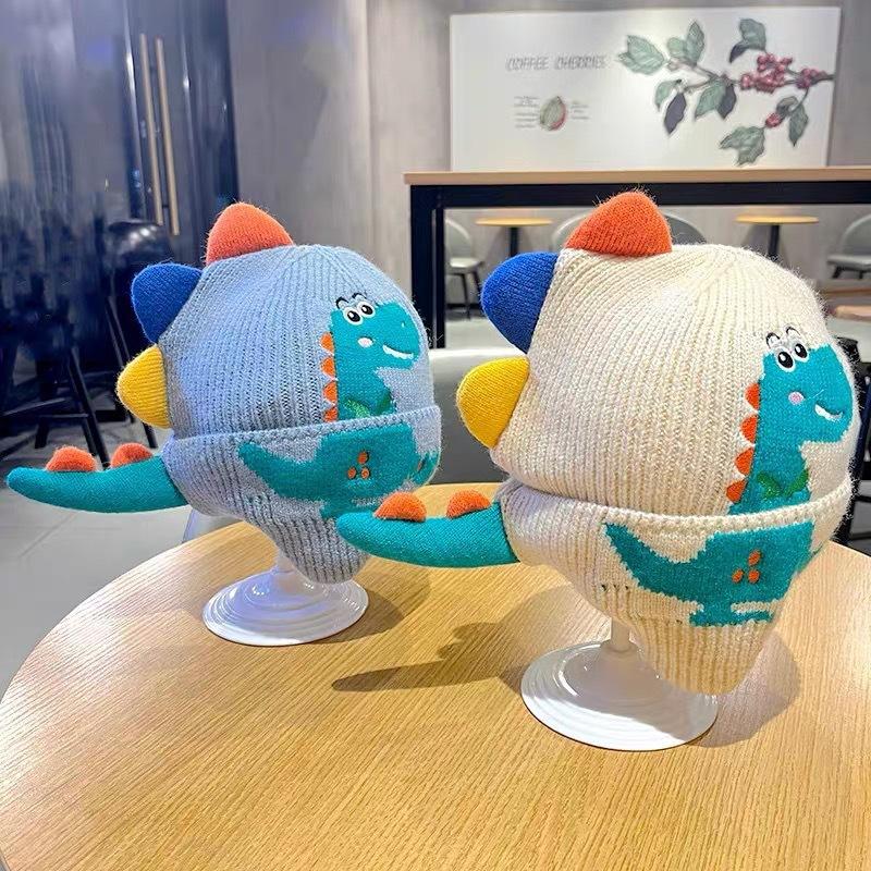 Winter Warm Baby Ear Protection Hat 3D Dinosaur Kids Earmuffs Cap Cartoon Toddler Woolen Knitted Hats 2-6 Years Children Beanie