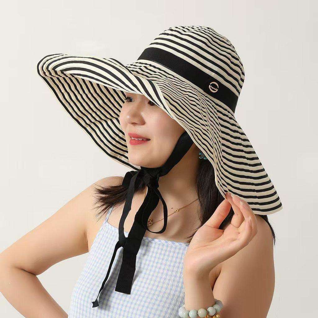 Women's Hepburn Style Wide Brim Striped Sun Hat for Summer Travel & Neck Protection