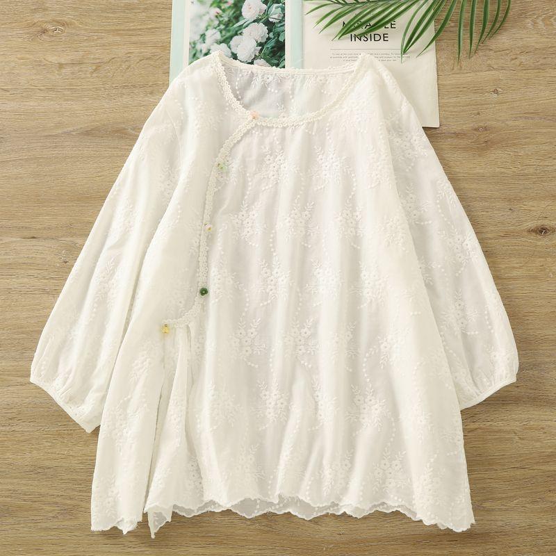

Spring and Summer New Heavy Industry Embroidery Lace round Neck Pure Cotton Shirts Women 3/4 Sleeve New Chinese Artistic Style Chic Small Shirt White One size