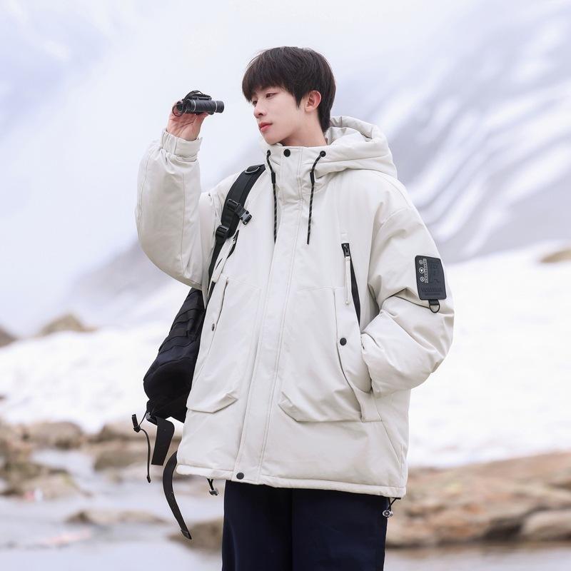 

Winter new men s and women s hooded white duck down jacket pocket tooling outdoor thickened windproof jacket M