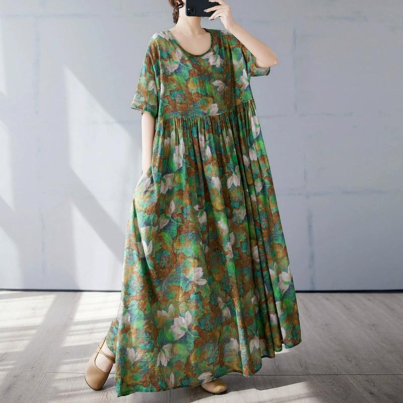 Plus Size Bohemian Print Maxi Long Dress for Women Floral Casual Cotton Linen Loose Vintage Vestidos Para Mujer Robe Dresses