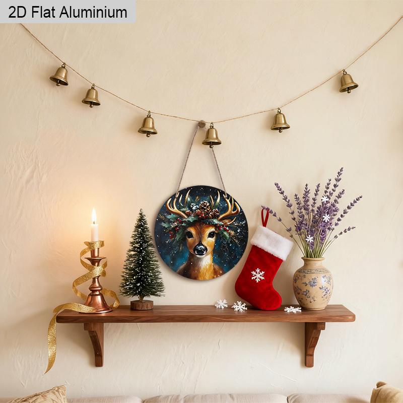 2D Flat Aluminium Christmas Sign with Elk Pattern - Navidad Figurine Ornaments - Ideal for Front Door, Wall, Porch, Fence Decor - Ideal Christmas