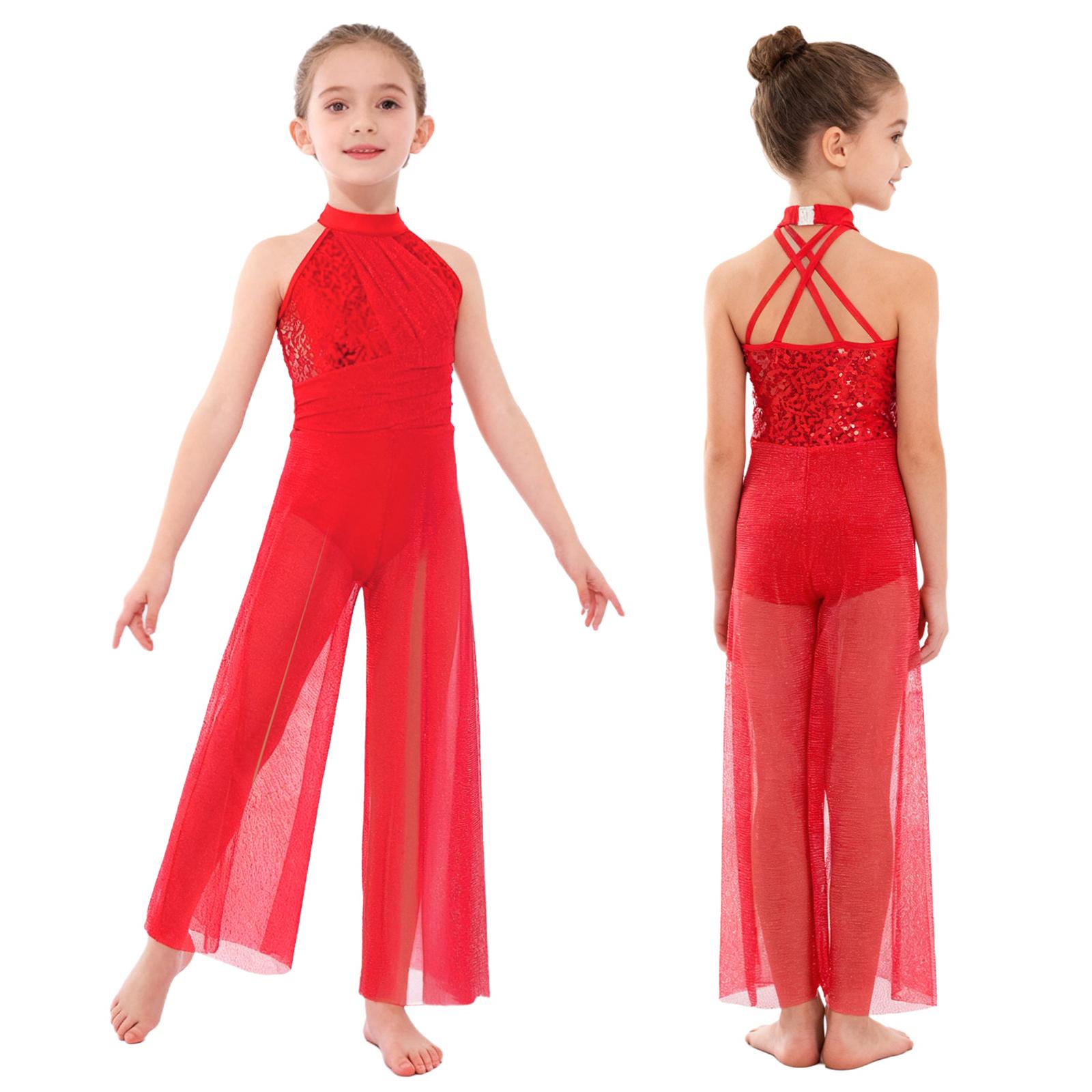 

Дівчачий танцювальний комбінезон без рукавів зі спинкою навхрест, блискучим паєтковим ліфом і широкими штанинами з мерехтливої сітки для ліричного сценічного виступу 5-6 Years