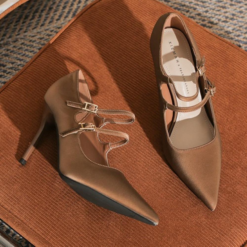 High Heels Women's Autumn and Summer Thin Heels Pointed Buckle High Heel Pumps New Retro Double Row One-word Belt Women's Shoes