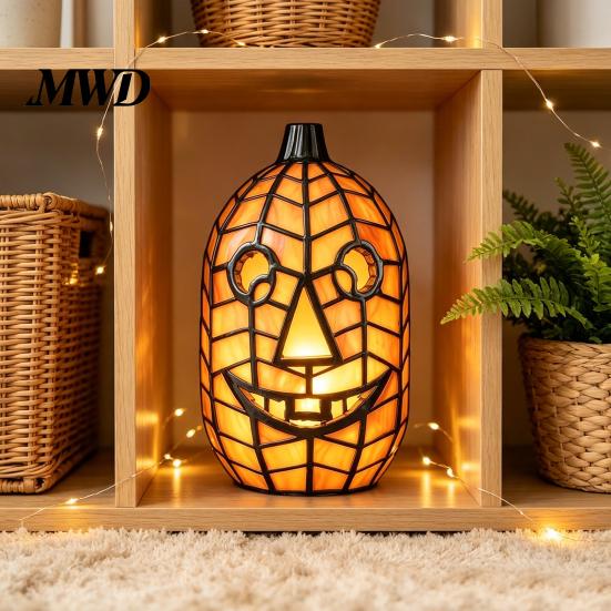 Eerie Demonic Face Sculpture Stained Glass Pumpkin Lamp, Halloween Fall Table Lamp with Warm Glow, Crafted Resin Lantern USB Powered Orange