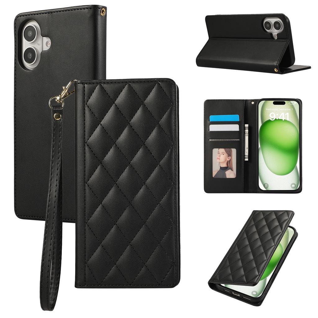 For iPhone 16 Case RFID Blocking Wallet Stand Rhombus Leather Phone Cover with Wrist Strap