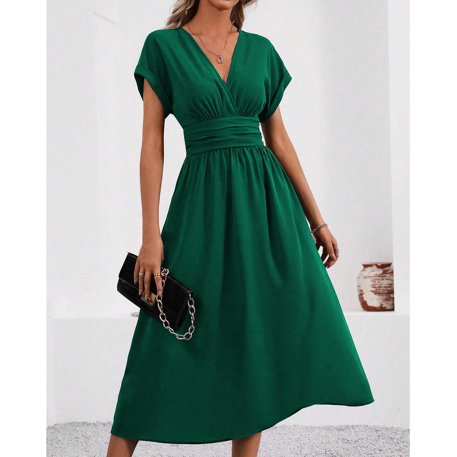 

Женское свободное повседневное однотонное длинное платье с V-образным вырезом и складками на талии. Длинное платье с складками на талии. M