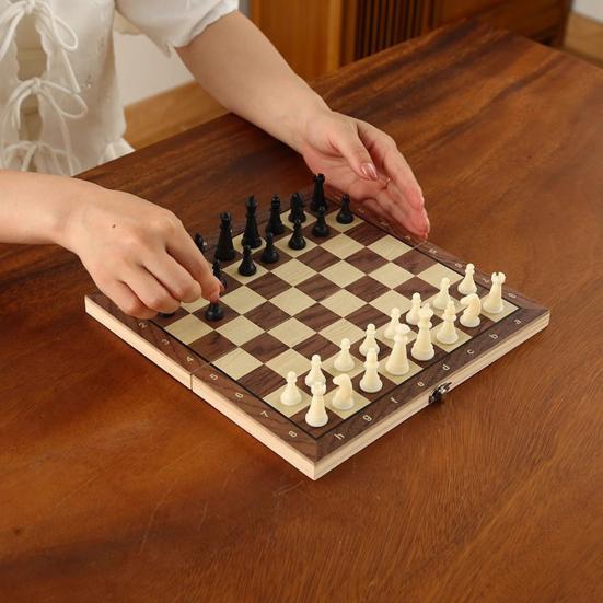 2-In-1 Magnetic Chess Game Wooden Foldable Chess Board Pieces Storage Box Portable Kids Adults Classic Strategy Chess Game