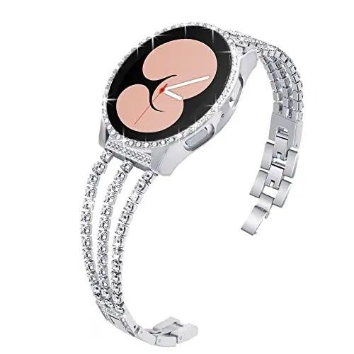 

Ремешок из нержавеющей стали + чехол для Samsung Galaxy Watch 4/5, 40 мм, 44 мм, женский браслет с блестящими бриллиантами, ремешок 20 мм, защитная пленка для экрана Galaxy Watch4 40mm