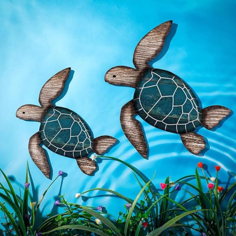 2Pcs/Set Wooden Turtle Wall Hanging Painting Farmhouse Turtle Hanging Decoration Beach Theme Decoration