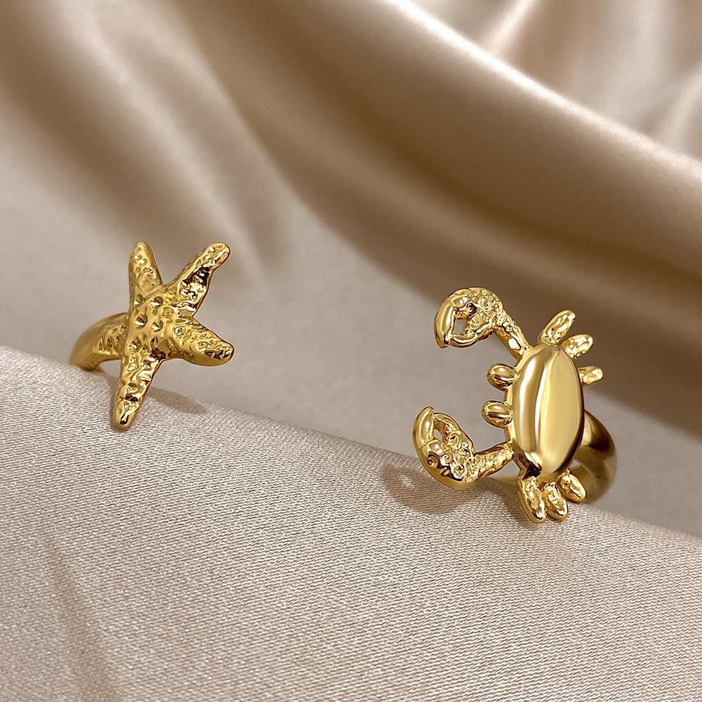 FLASHBUY Stainless Steel Open Bangle for Women and Men, Wrist Zircon, Starfish, Crab, Gold Color, Vintage Trend