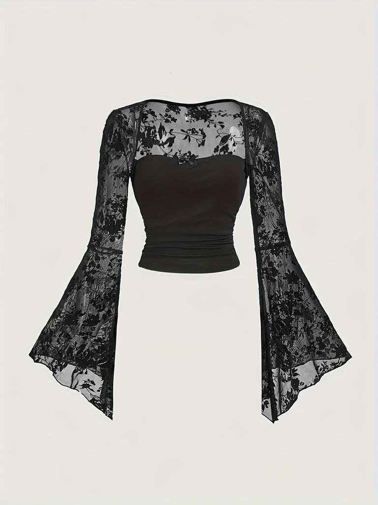 2026 New Lace Patchwork Women's Sexy Mesh Long Sleeve Top