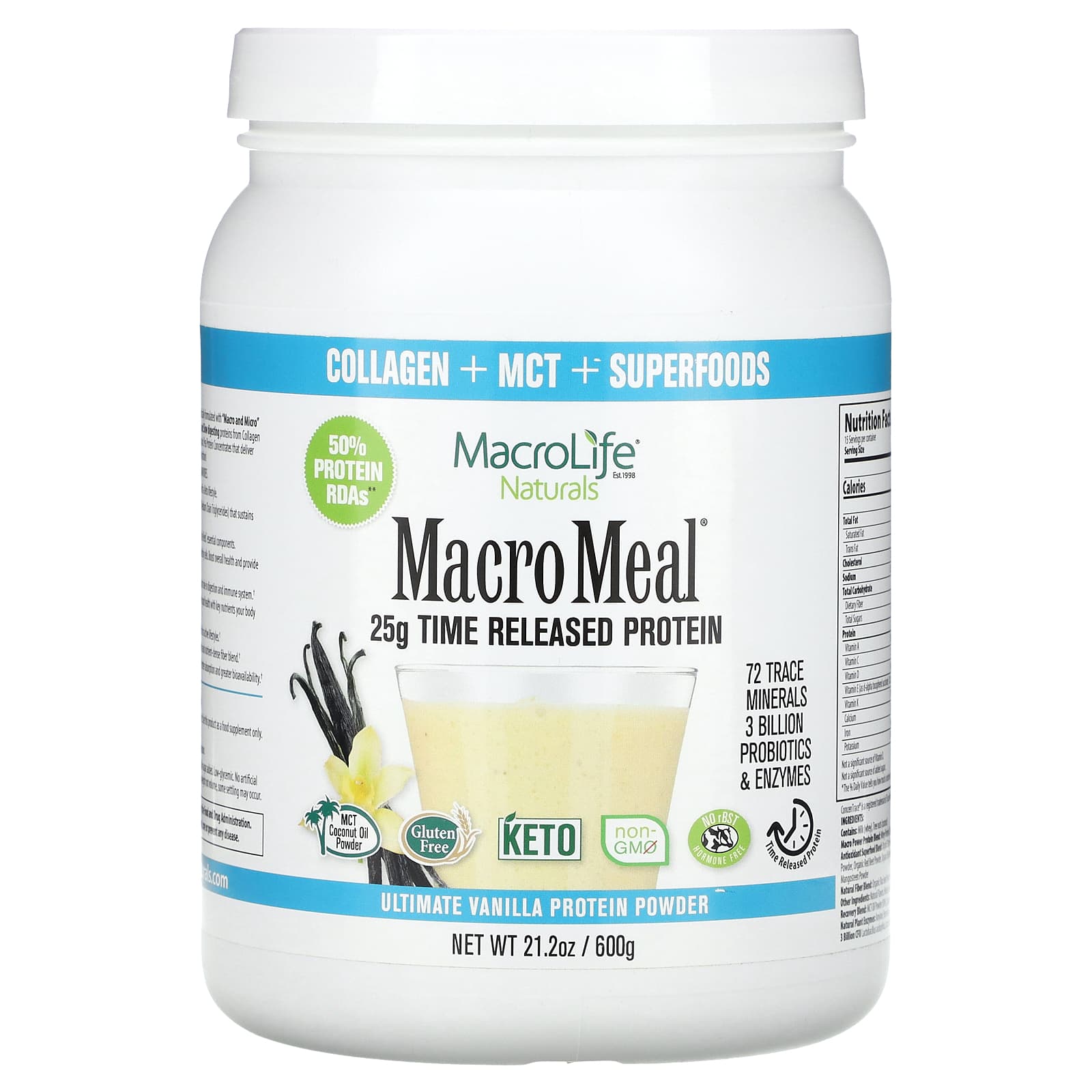 

Macrolife Naturals, MacroMeal, Ultimate Protein Powder, Vanilla, 21.2 oz (600 g)