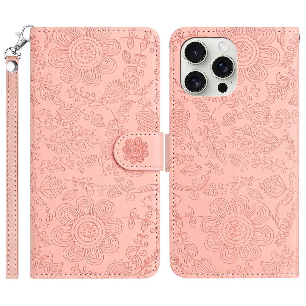 For iPhone 16 Pro Case Flower Imprint Leather Flip Wallet Phone Cover with Wrist Strap