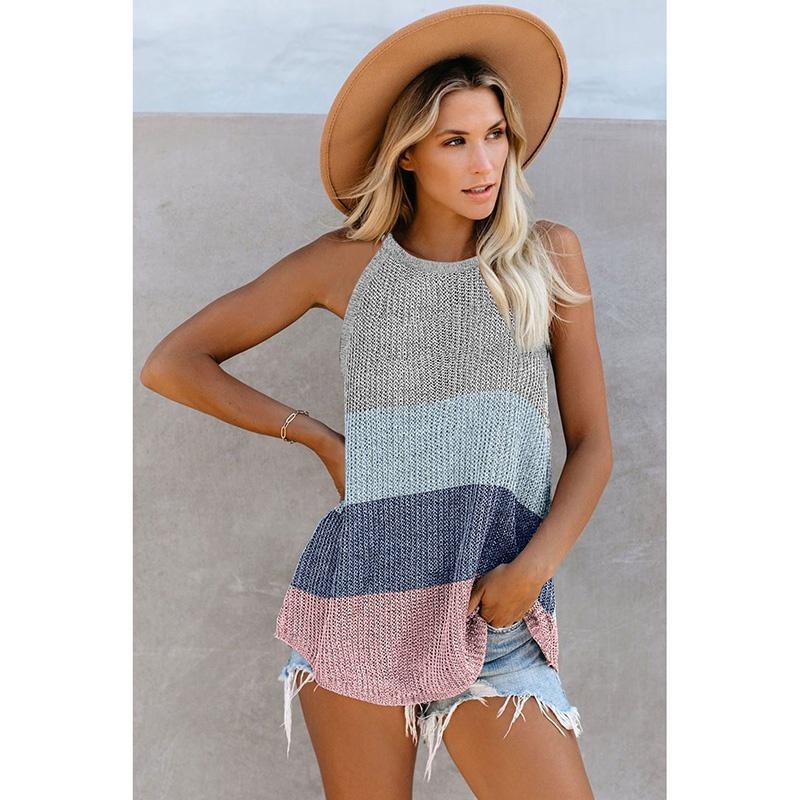 Women Fashion Knit Tank Tops Summer Halter Sleeveless O Neck Femme Vest Top Casual Loose Stripe Color Collision Beach Tank Plus Size(S-3XL)