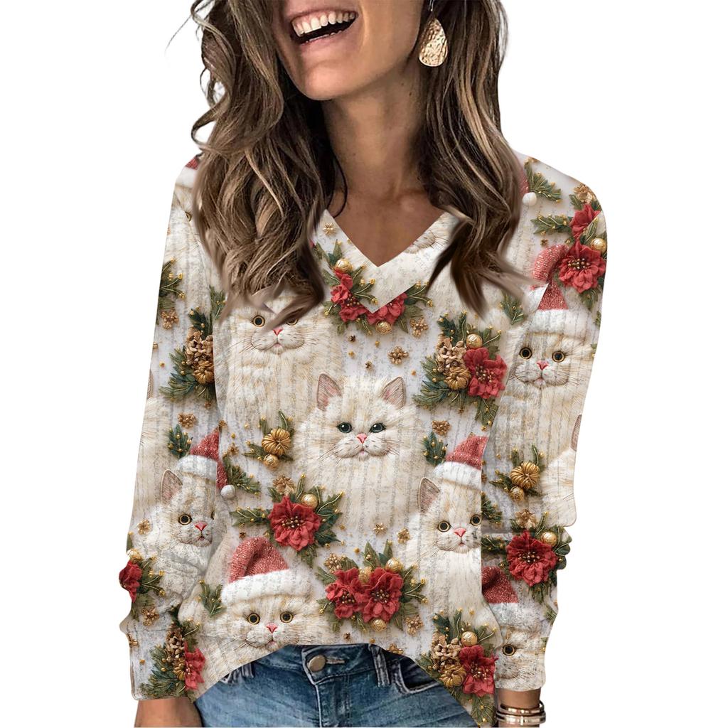 Women's Fashionable Loose-Fit V-Neck Long-Sleeved T-Shirt Christmas Print Pullover