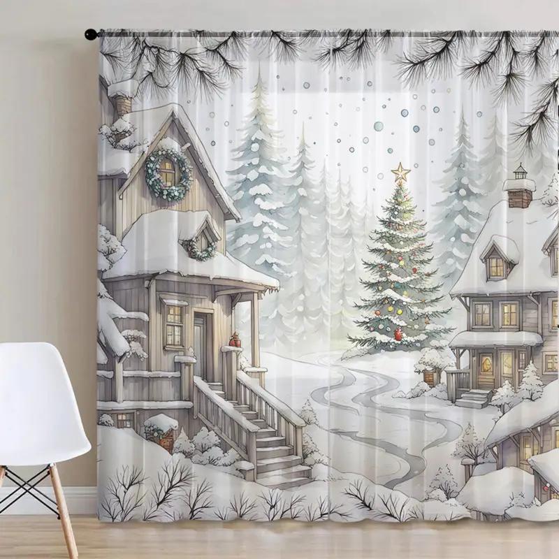 2pcs Christmas snow village sheer curtains with pole bag design, protecting privacy suitable for decoration in various scenes