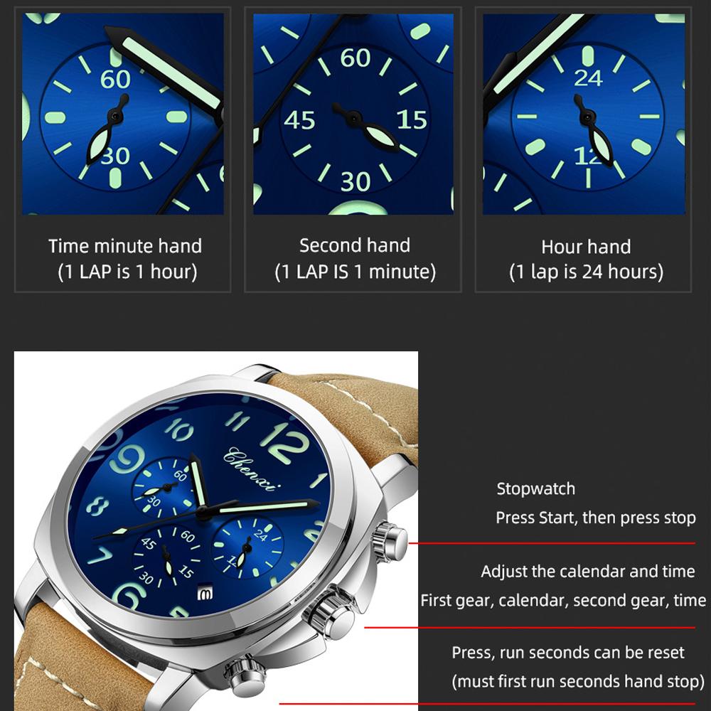 Fashion Watch For Men Waterproof Luminous Chronograph Man Watch Leather Military Men's Quartz Watches Reloj