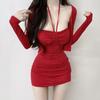 South Korea's Dongdaemun new temperament feminine red sexy neck Korean version suspender skirt women's cardigan two-piece set