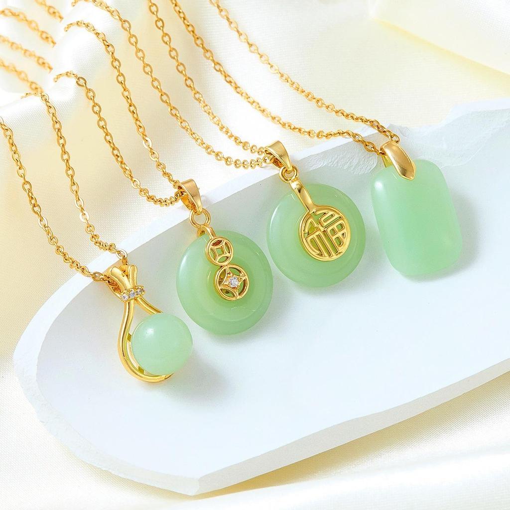 Hetian Jade Wushi Pai Pendant Necklace, Women's National Trend, Palace Style, Imitation Jade, Titanium Steel Clavicle Chain Jewelry.