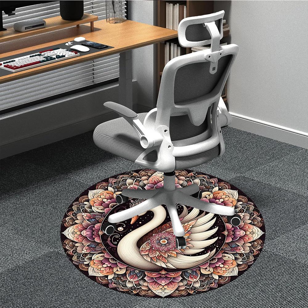 1PC Swan Mandala Art Office Round Rug, Non Slip, Soft and Durable Office Rug for Interior Decoration, Perfect for Office