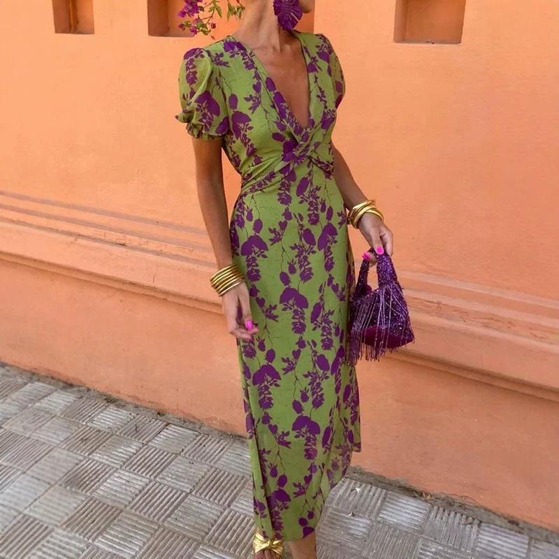 Spot summer European and American women's clothing fashion contrasting color printed long dress elegant slim V-neck short sleeves, even