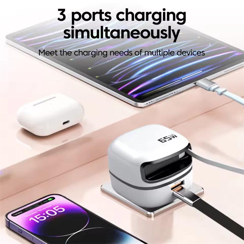 65W USB Type C Phone Charger Universal Travel Adapter Retractable Fast Charging USB C Cable For iPhone 16 Samsung Laptop