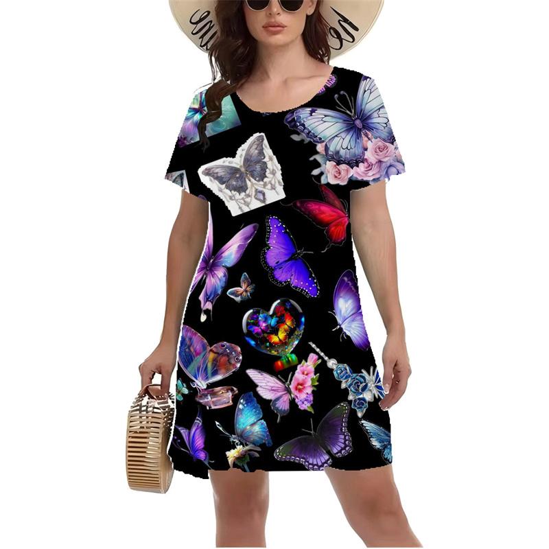 3D Colorful Butterfly Printed Dress Summer Short Sleeve O-neck Casual A-Line Dresses Fashion Lady Beach Vacation Dress Vestidos