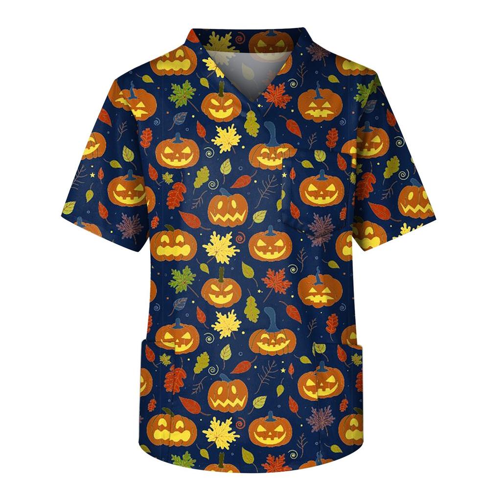 Fashion Men's Short Sleeve V Neck Halloween Printing Working Chest Pocket Carer Top