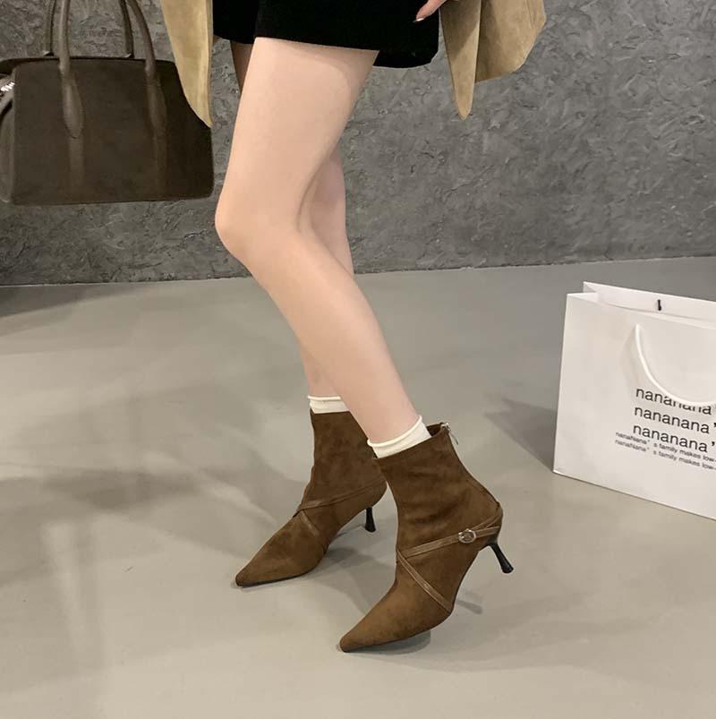 European and American Cross Belt Buckle High-heeled Short Boots, New Suede Pointed Thin Heel Rear Zipper Thin Boots In Autumn and Winter 2025