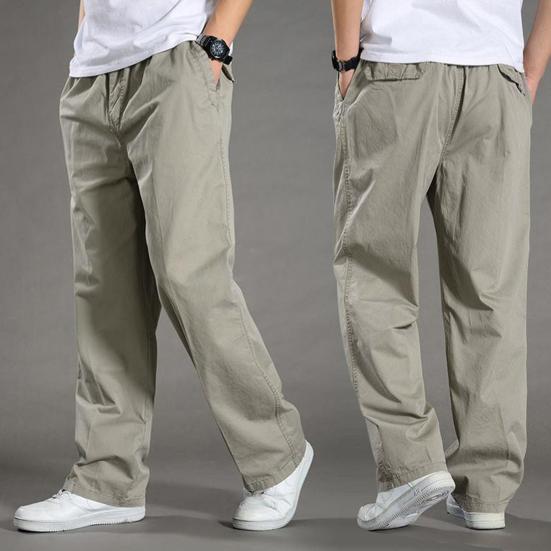 Men Cargo Pants Spring Fall Elastic Waist Drawstring Solid Color Casual Loose Large Pocket Soft Male Straight Wide Leg Trousers Menswear