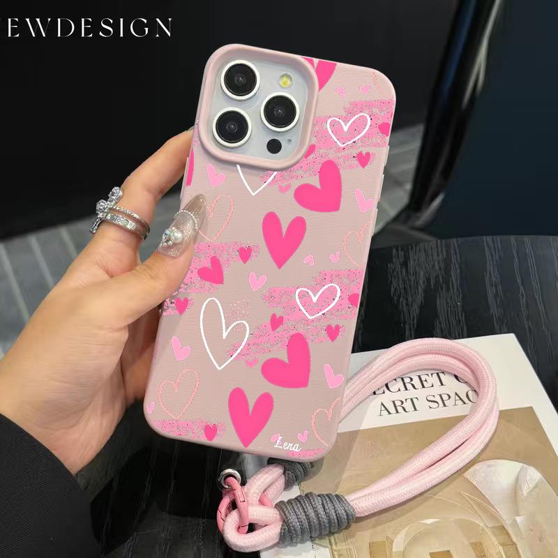 Pink Hand-Draw Heart Protective Phone Case For iPhone 17 16 16e 15 14 13 12 Pro Max 11 Plus Shockproof Lichee Pattern Funda