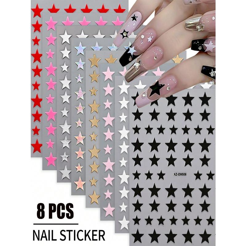 8pcs/set 3D Metallic Gold & Silver Star Nail Stickers, 8pcs Y2K Pentagram Holographic Sliding Elegant Charm Nail Art Decorative DIY Nail Accessories