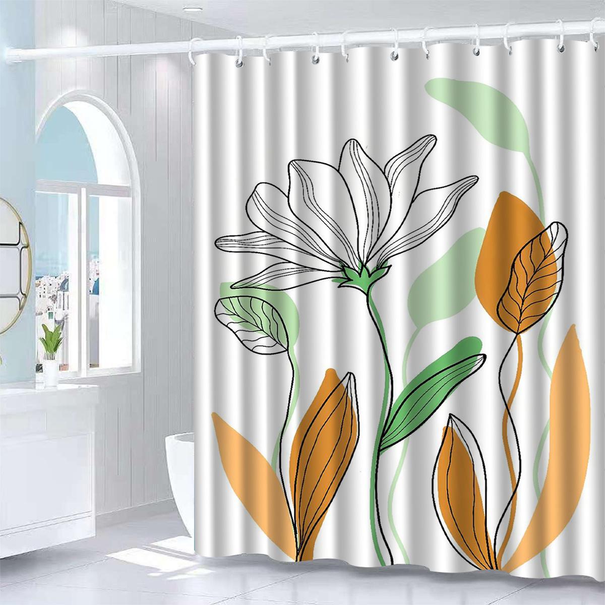 White Line Floral Shower Curtain - High-End Elegant, Waterproof & Anti-Fog, Multifunctional Bathroom Decor W90xH180cm