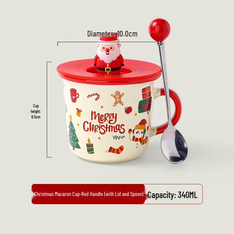 Christmas Ceramic Mug Red Handle, With Lid and Spoon