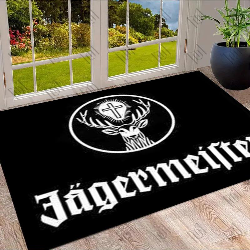 Tappeto Area Stampa Logo Cervo Jagermeister Sfondo Nero Vintage Bar Tappetino Pavimento Rettangolare Antiscivolo Man Cave Stanza dei Giochi Soggiorno Camera da Letto Tappeto Decorazione Casa