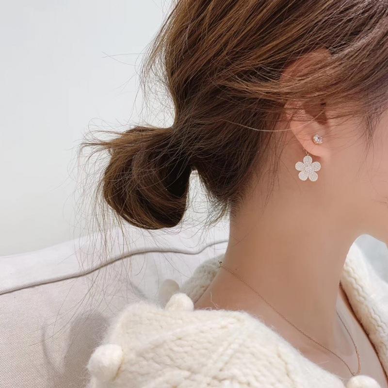 Temperament Five-Petaled Flower Earrings Zircon Flower Diamond-Set Front And Rear Wear Dual-Purpose Zircon Removable Stud Earrings