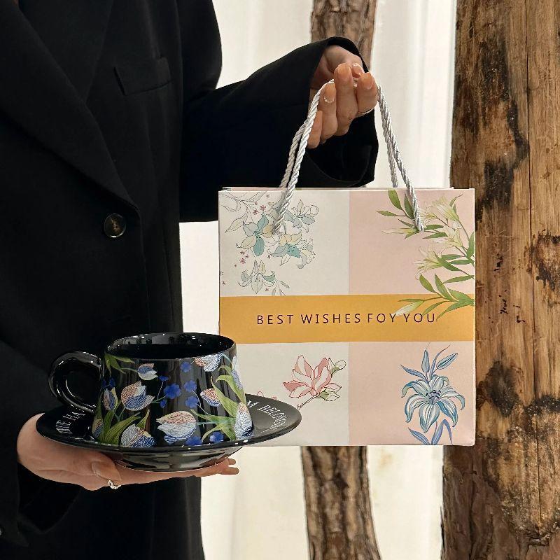 Retro Contrasting Iris Ceramic Coffee Cup Saucer Set Afternoon Tea Latte Cup Birthday Gift Souvenir Gift Box