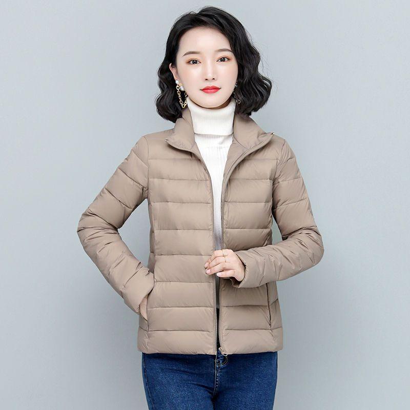 

Women s Fashionable Light Down Jacket with Stand Collar, Slim Fit, Short Style, Large Size Cotton Jacket M хаки