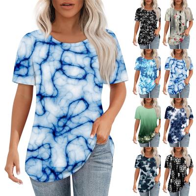 T Shirts For Women Pleated Round Neck Dressy Casual Blouses Printing Short Sleeve Summer Tops Loose Fit