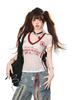 American College V-Neck Lace Embroidered Slimming T-Shirt - Women's Summer Short Sleeve Versatile Top