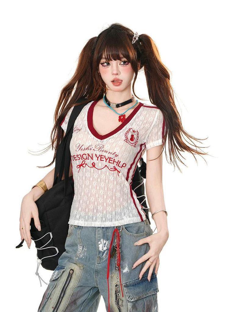 American College V-Neck Lace Embroidered Slimming T-Shirt - Women's Summer Short Sleeve Versatile Top