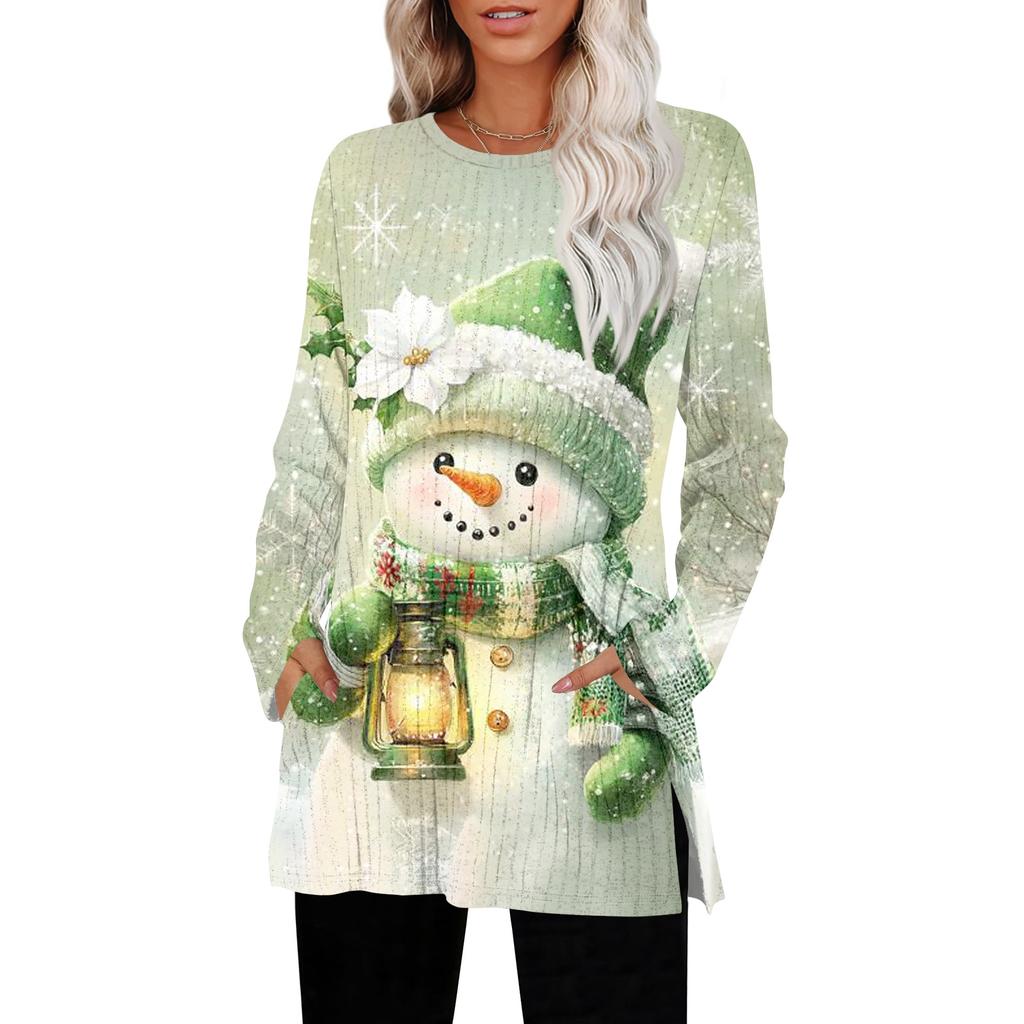 Women's Christmas Printed Round-neck Long-sleeved Top With Pockets And Side Slits