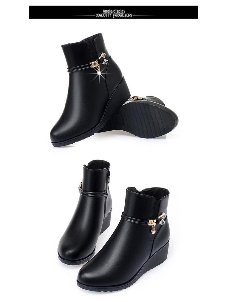 Vielseitige Damen Leder Keilabsatzstiefel in Übergröße - Weiche Sohle, Baumwolle, Plus Samt Warm, Herbst/Winter