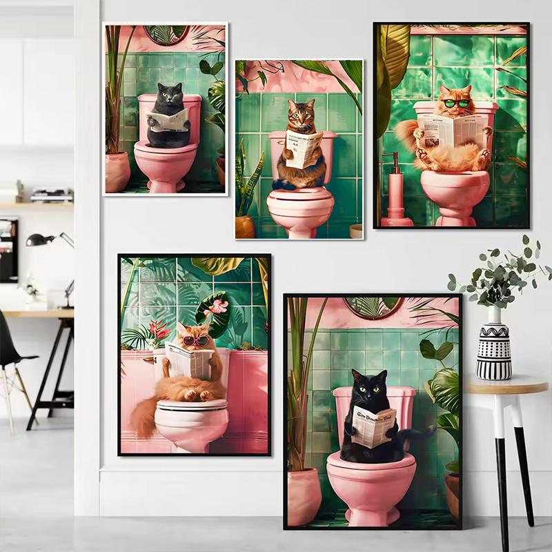 Funny Cat On Toilet Wall Art Cat Reading Newspaper Canvas Posters Print Picture for Home Bathroom Living Room Decor No Frame
